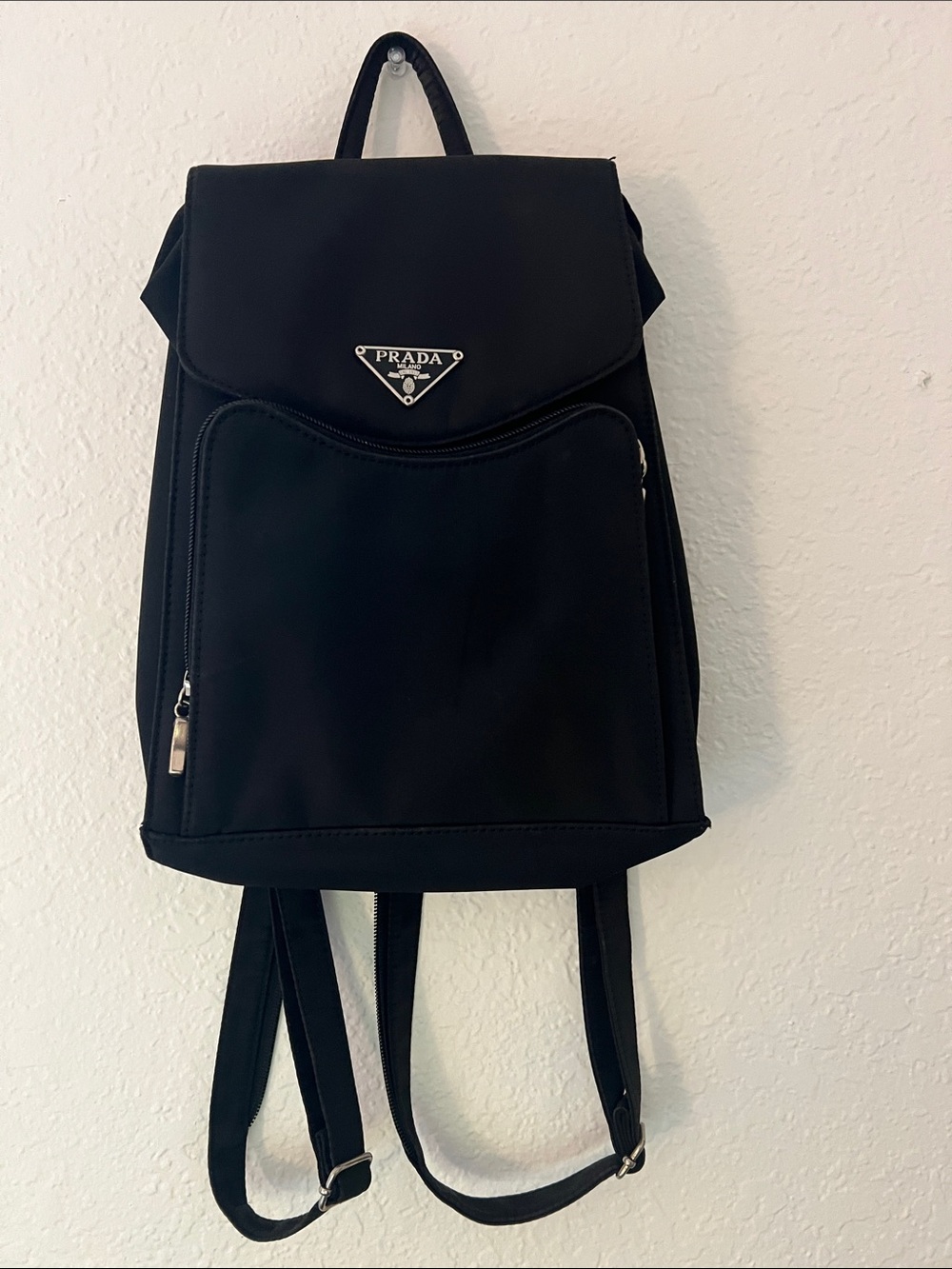 Prada Black Nylon Backpack with Silver-Tone Logo
